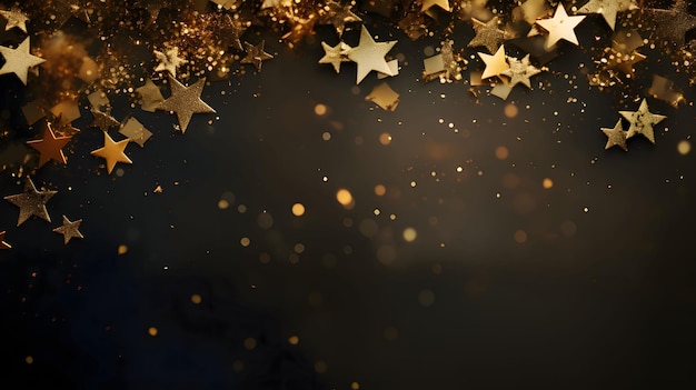 Étoiles dorées et confetti à fond sombre Bannière de fond du Nouvel An avec de l'espace pour votre propre contenu