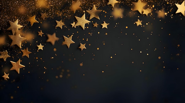 Étoiles dorées et confetti à fond sombre Bannière de fond du Nouvel An avec de l'espace pour votre propre contenu