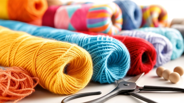 Des toiles de fil colorées avec des aiguilles à tricoter et des ciseaux centrées sur un projet d'artisanat