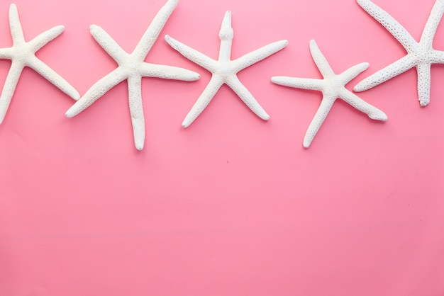 Étoiles de mer blanches sur fond rose de haut en bas.