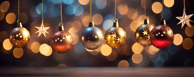 Étoiles et ornement suspendu de boule de Noël avec bokeh léger dans la nuit sombre fond abstrait IA générative