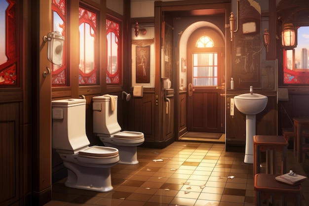 Toilette anime asiatique jeu de roman visuel couleur de la plante Générer Ai