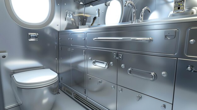 Toilette d'avion moderne et élégante avec un design intérieur métallique Espace de salle de bain propre et lumineux dans un avion Idéal pour les voyages et les thèmes de l'aviation AI