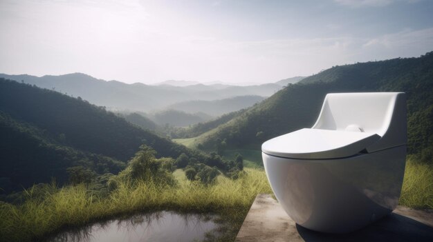 Une toilette blanche au sommet d'une colline verte luxuriante Image générative d'IA