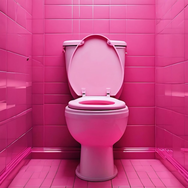 Une toilette rose avec un couvercle rose qui dit.