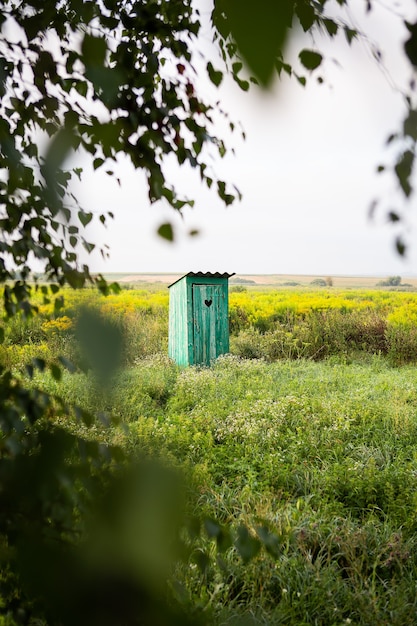 Toilettes vintage au milieu d'un champ de fleurs. Une toilette verte rustique extérieure avec un cœur découpé sur la porte.