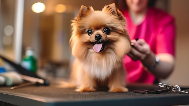 Un toiletteur professionnel IA génératif coupe la fourrure avec des ciseaux et une tondeuse au petit sourire chien labra