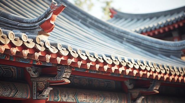 Photo toit en carreaux et étagères ornées d'une maison traditionnelle chinoise