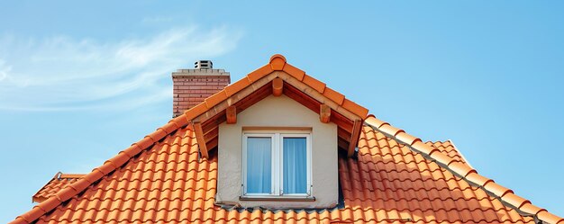 un toit en carreaux rouges avec une fenêtre et une fenêtre avec un fond de ciel bleu