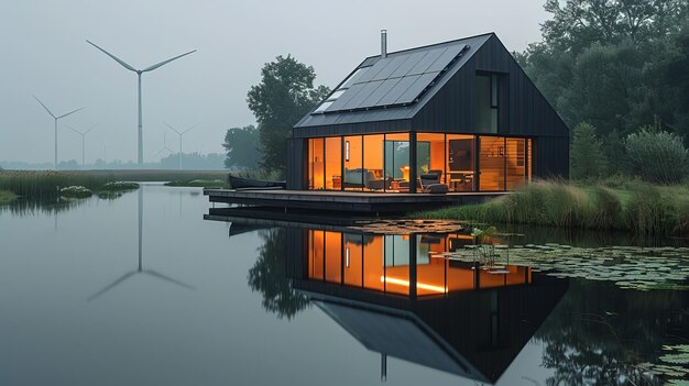 Le toit d'une maison est entouré de panneaux solaires et d'éoliennes, un concept de ressource durable.