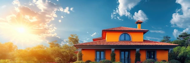 Photo le toit d'une maison moderne recouvert de nouvelles carreaux d'argile céramique rouge sur un fond bleu