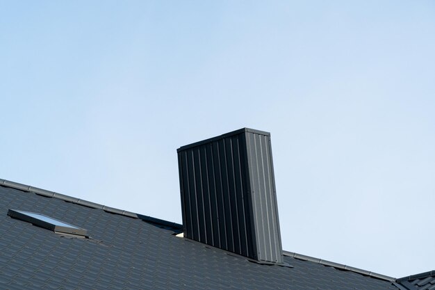 Le toit d'une maison avec des tuiles métalliques modernes et une cheminée sur fond de ciel bleu