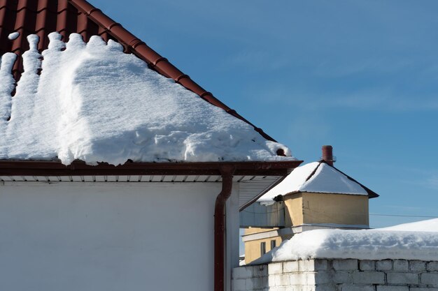 Les toits des bâtiments sont recouverts de neige et de glace après une grosse chute de neige D'énormes glaçons pendent des façades des bâtiments La chute de glaçons met en danger la vie des gens