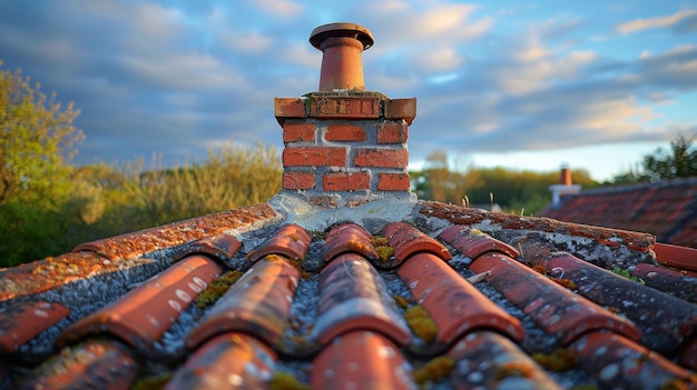 Des toits avec des pentes, des marées et des cheminées sont représentés sur un ciel bleu. Des carreaux bitumineux sont utilisés sur le toit pour une conception de la construction et de l'architecture des toits.