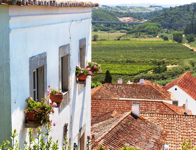 Toits rouges anciens. Vieilles fenêtres au Portugal, Obidos.