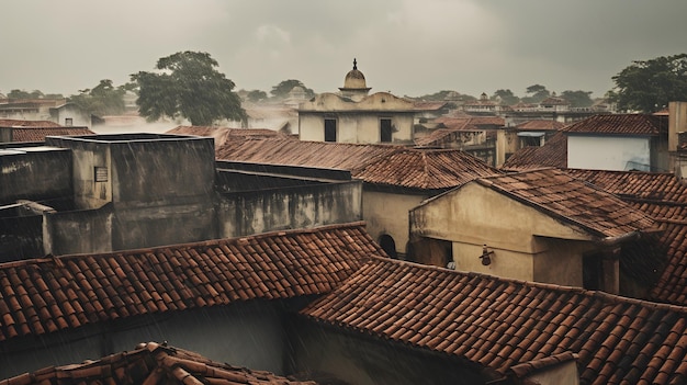 Des toits trempés par la pluie dans une ville historique évoquant la nostalgie au milieu des moussons.