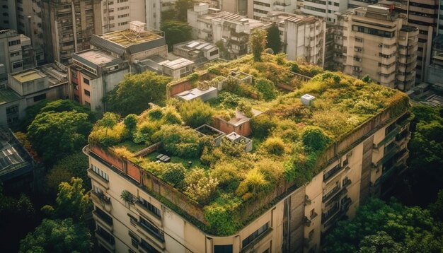 Toits de la ville moderne avec gratte-ciel et croissance verte au-dessus de la communauté générée par l'IA