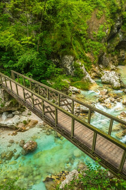 Photo tolmin gorge river canyon en slovénie pont suspendu en bois de la vallée de soca