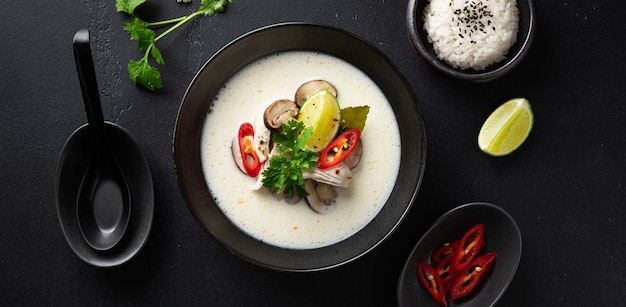 Tom kha gai plat thaïlandais traditionnel sur fond noir vue de dessus