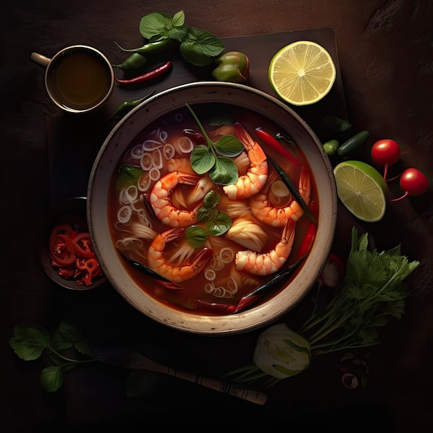 Tom Yam kung Soupe thaïlandaise épicée aux crevettes fruits de mer lait de coco