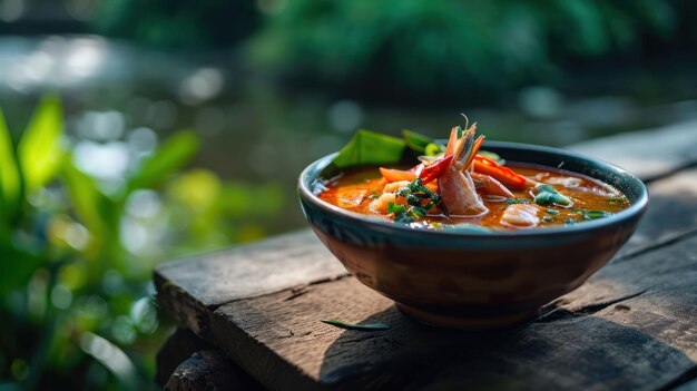 Tom Yum avec du lait de coco sur un front de rivière thaïlandais serein