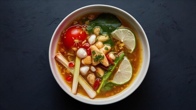 Photo tom yum kung dans un bol avec du tomate chili, de la citronnelle, de l'ail, du citron et des feuilles de citron.