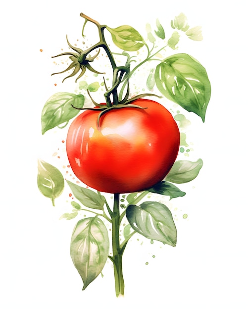 Tomate aquarelle avec des feuilles vertes et une tige isolée sur fond blanc