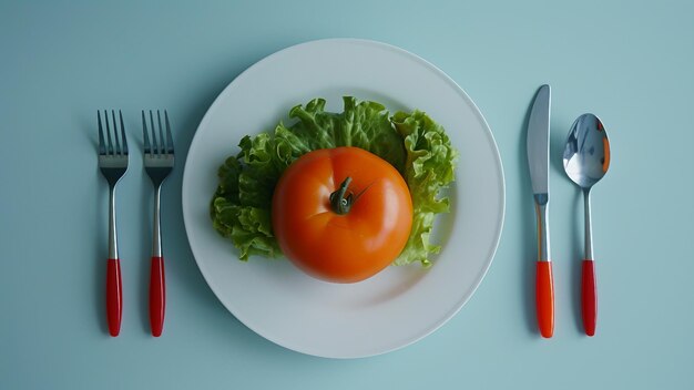 Tomate sur une assiette d'aliments diététiques