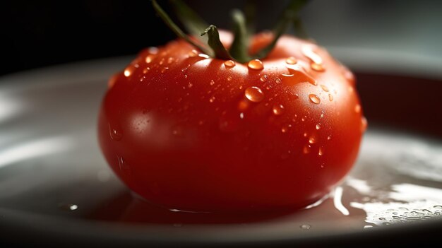 Une tomate sur une assiette avec des gouttelettes d'eau dessus