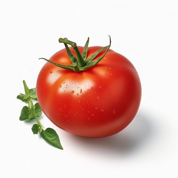 Une tomate avec un brin de basilic dessus