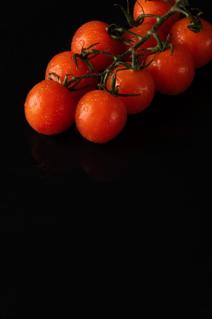 Tomate cerise avec des gouttes d'eau