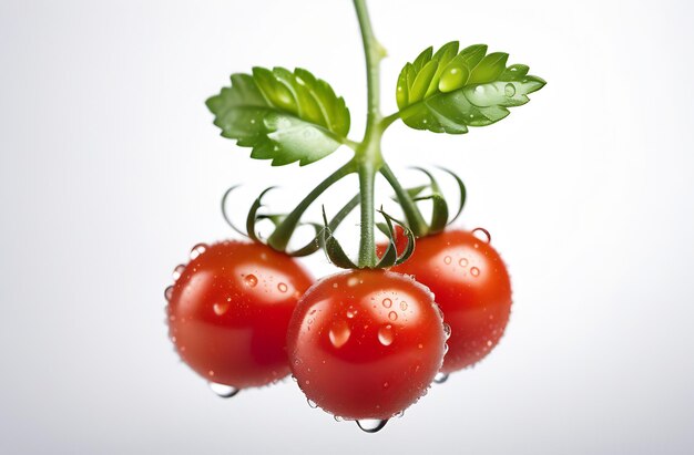 Tomate cerise rouge mûre sur une branche avec des gouttes d'eau