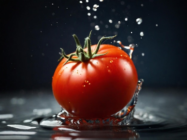 une tomate éclaboussée dans l'eau avec des gouttes d'eau