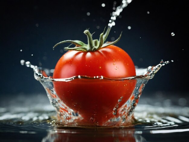 une tomate éclaboussée dans une goutte d'eau