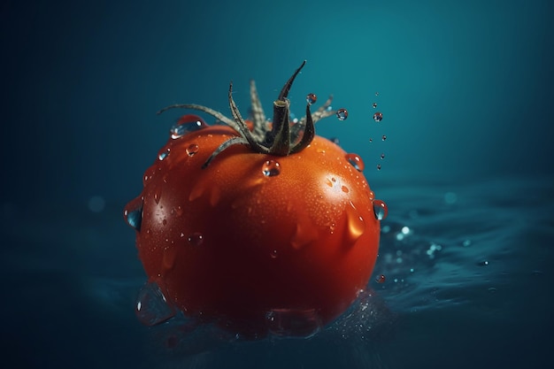 Une tomate est dans l'eau et elle est sur le point de tomber.