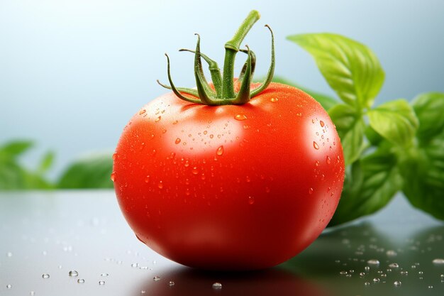 Une tomate est sur une table avec une feuille verte