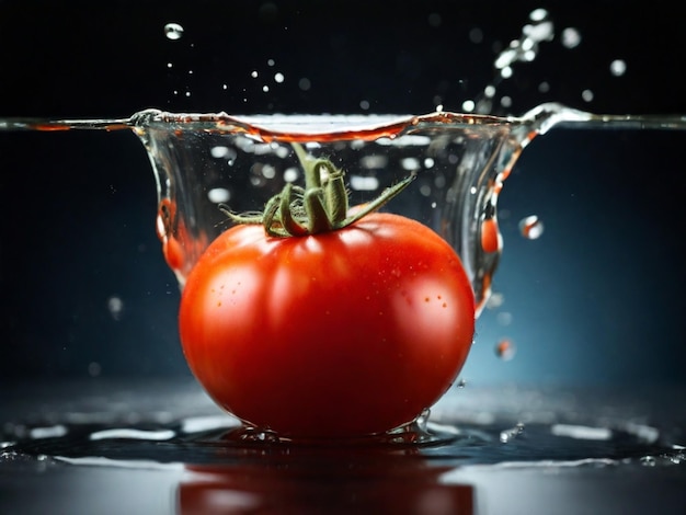 une tomate est versée dans un bol en verre avec de l'eau éclaboussée dessus