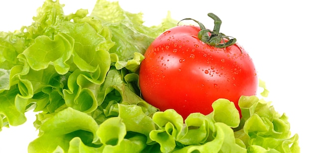 Tomate sur feuille de salade isolé sur fond blanc