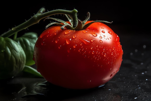 Une tomate avec des gouttelettes d'eau dessus