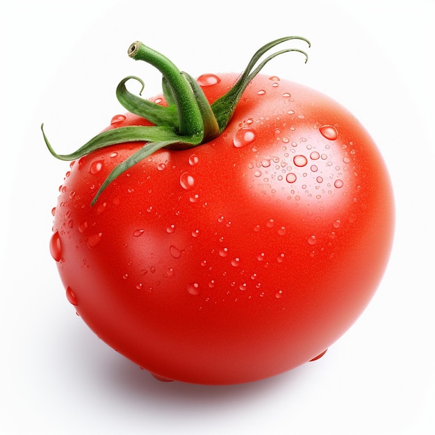 Tomate avec des gouttes d'eau sur un fond blanc