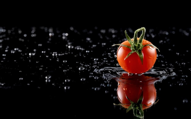 La tomate avec des gouttes sur le fond noir