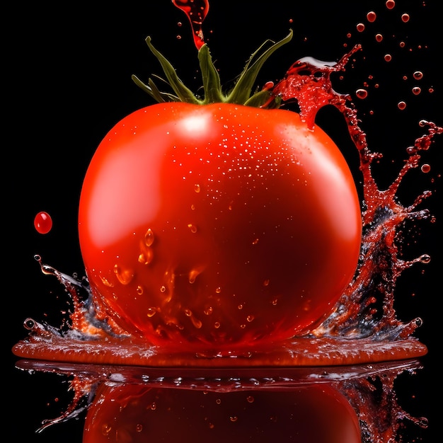 Tomate incroyable avec des éclaboussures d'eau et des gouttes ai génératives isolées