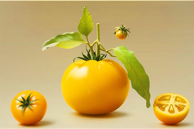 Tomate isolée Tomate entière à moitié sur fond blanc Tomates avec des feuilles de basilic vert Coupure