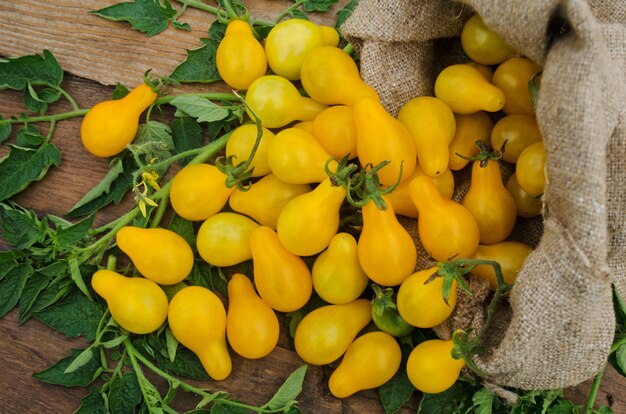 Tomate jaune en forme de poire sur une table en bois