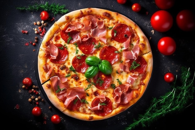 Tomate nourriture espace copie fromage italien nourriture repas pizza fond noir délicieux rapide IA générative