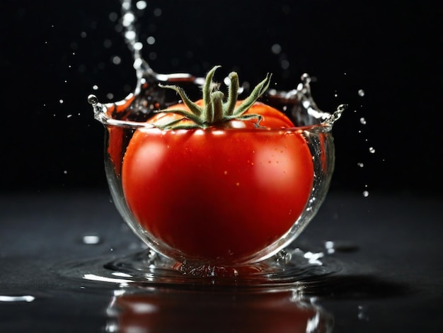 une tomate rouge est éclaboussée d'eau