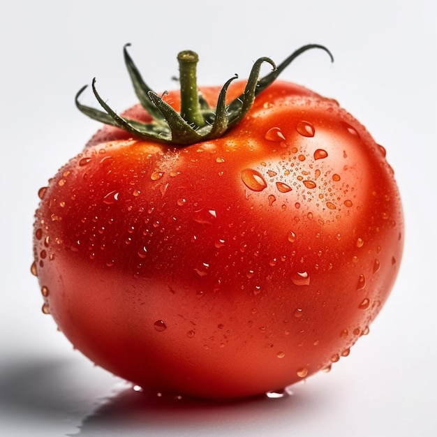 Une tomate rouge avec des gouttelettes d'eau dessus