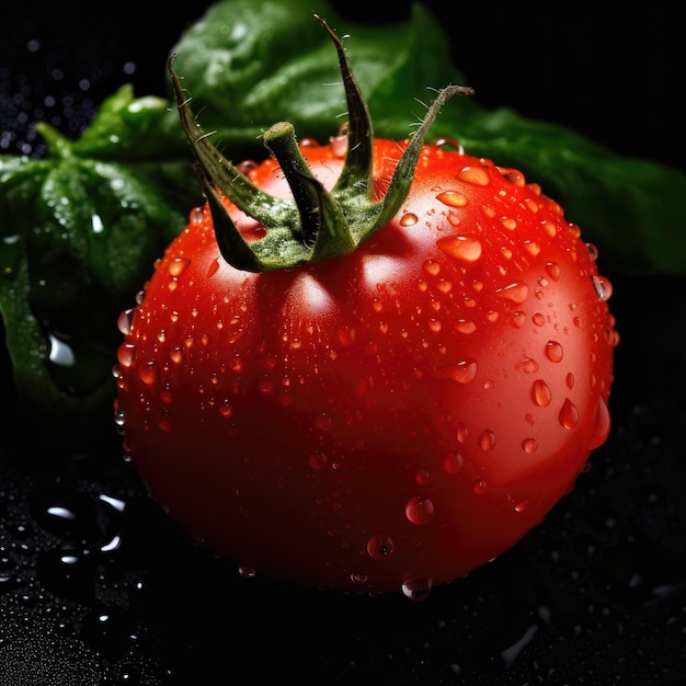 Tomate rouge mûre sur fond noir