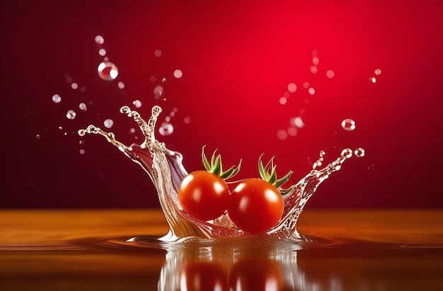 Tomate rouge mûre avec des gouttes d'eau les gouttes de tomate d'eau éclaboussent dans différentes directions