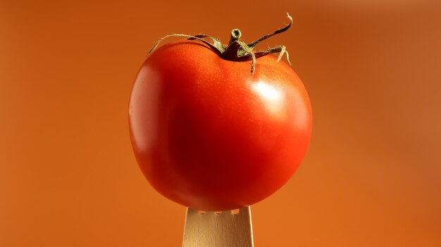 Tomate rouge savoureuse unique sur une fourchette en bois.